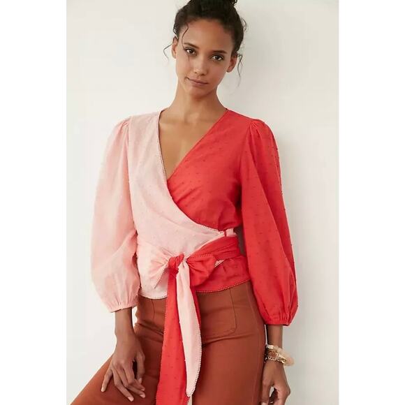 Farm Rio Red Pink Colorblock Wrap Long Sleeve Top Blouse Small Tie Front - Picture 1 of 10